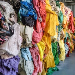 Fototapeta premium Colorful textile recycling warehouse, fabric bales, industrial reuse
