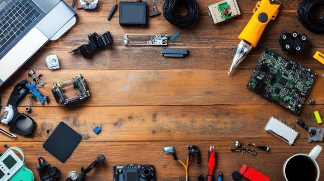 Tech repair workspace laptop, tools, parts, coffee, wood