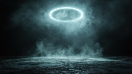 Glowing ring, smoky stage, dark background, product display