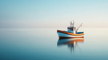 Tranquil Boat Journey Across Calm Waters at Dawn