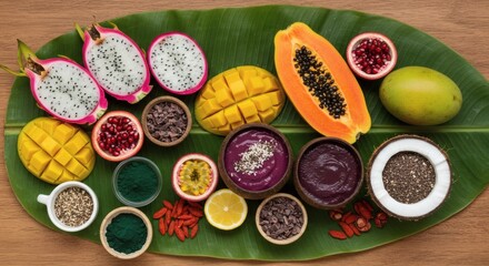 Naklejka premium Vibrant Tropical Fruit Bowl with Smoothie and Seeds