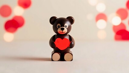 Brown wooden teddy bear holding red heart glowing on beige background with bokeh lighting, copy space. In love Valentine's day concept