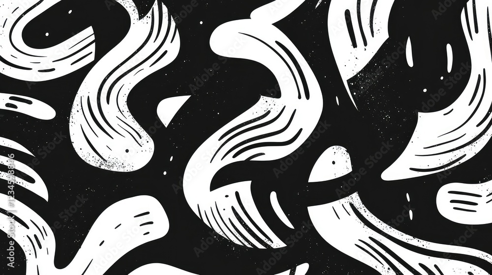 Poster Abstract black and white swirling patterns with dynamic lines and textured effects creating a modern artistic design suitable for backgrounds and prints