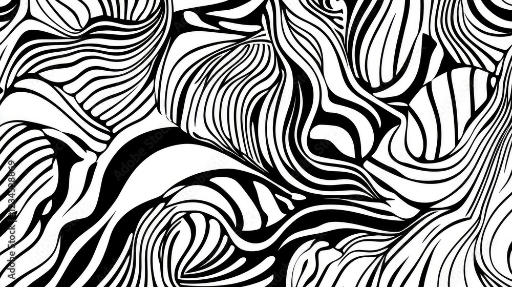Poster abstract black and white wavy lines design showcasing flowing patterns and intricate curves for mode