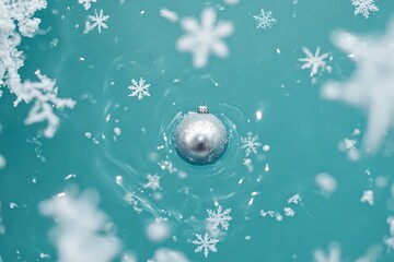 Fototapeta premium Silver Christmas Ornament in Blue Water with Snowflakes Falling