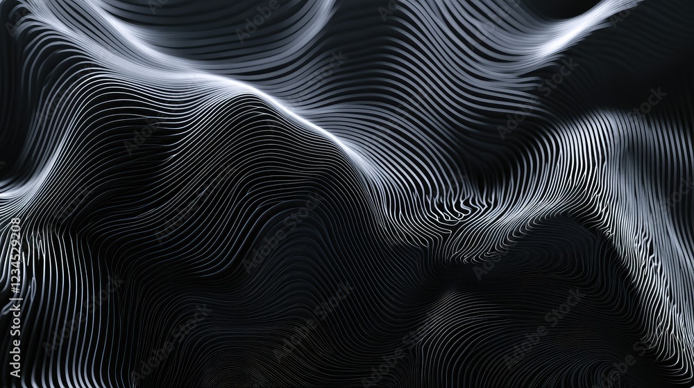 Poster abstract waveforms with smooth curves and lines creating a fluid motion on a dark background for cre