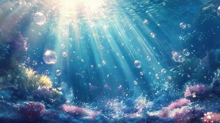 Fototapeta premium A dramatic underwater perspective showing rays of sunlight and the bubbly ascent of air pockets, creating a dynamic depth scene.