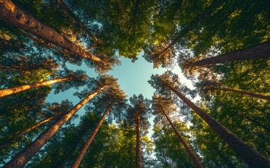 Fototapeta premium Wide-angle photograph of tall trees, with green leaves and a canopy view.