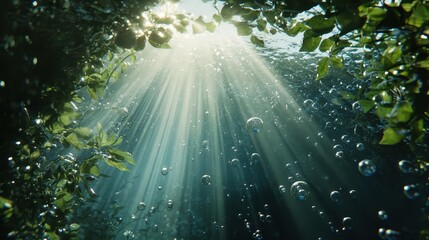 Naklejka premium A peaceful, dreamy underwater scene with sunlight rays casting beams through the water and air bubbles floating lazily upward.