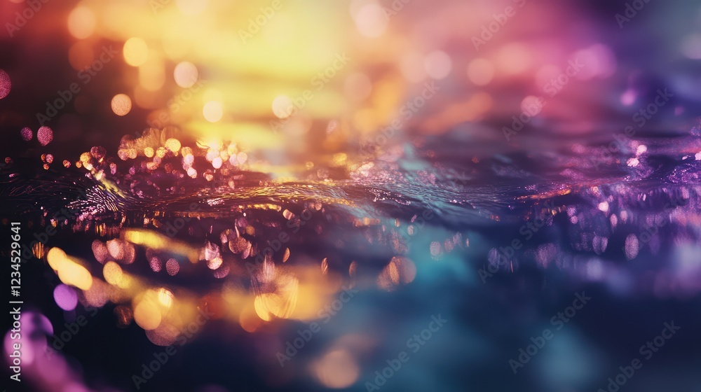 Poster enchanting close-up view of colorful water surface with blurred light reflections and bokeh effect f