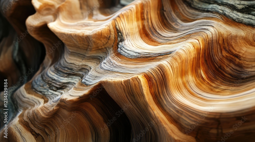 Aufkleber close-up of intricate natural patterns in colorful wood grain displaying wave-like textures and rich