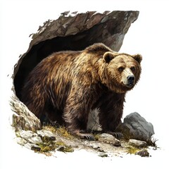 Obraz premium Majestic Brown Bear Emerging from Cave Surrounded by Rocky Landscape and Lush Vegetation