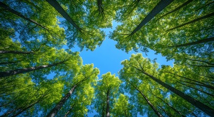 Fototapeta premium Wide-angle photograph of tall trees, with green leaves and a canopy view.