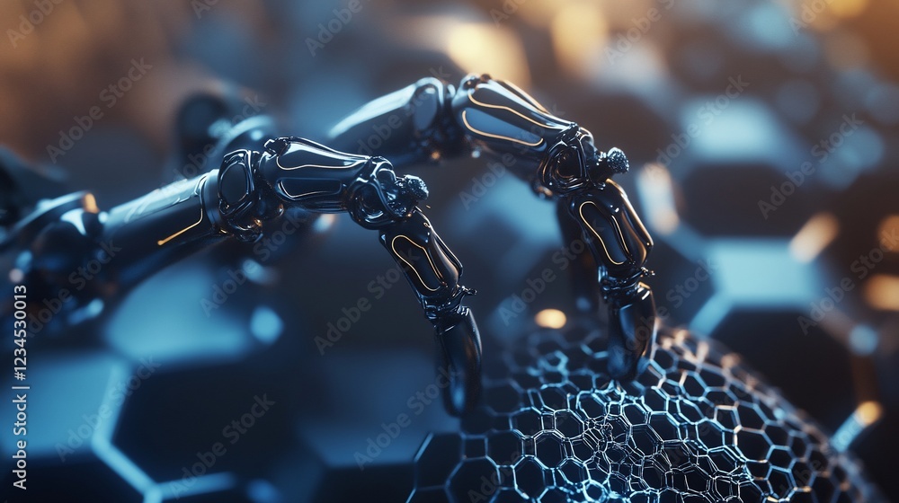 Poster close-up of a robotic arm with metallic joints and a textured hexagonal background