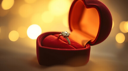 Heart-Shaped Red Ring Box with Ring and Warm Bokeh Background

