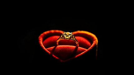 Red Heart-Shaped Box with Gold Ring and Clear Gemstone on Black Background

