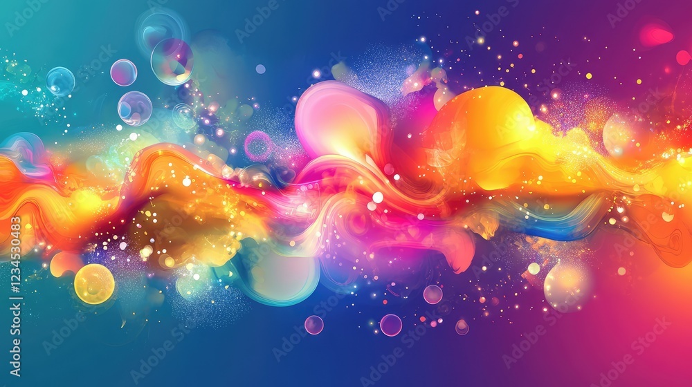 Poster vibrant abstract waves of colorful light with dynamic swirls and bubbles creating a lively and energ
