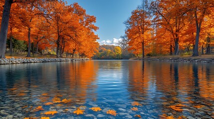 Obraz premium Vibrant autumn leaves reflected in a calm river.