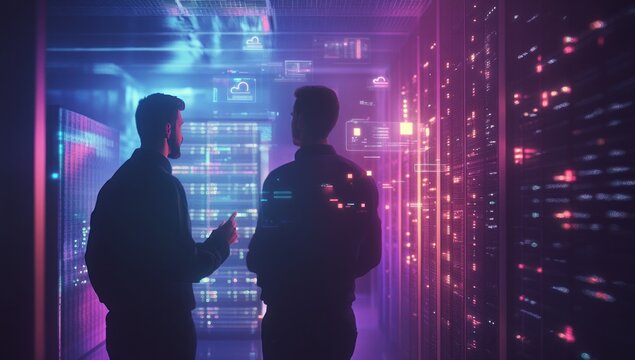 Two technicians discuss data center server issues.