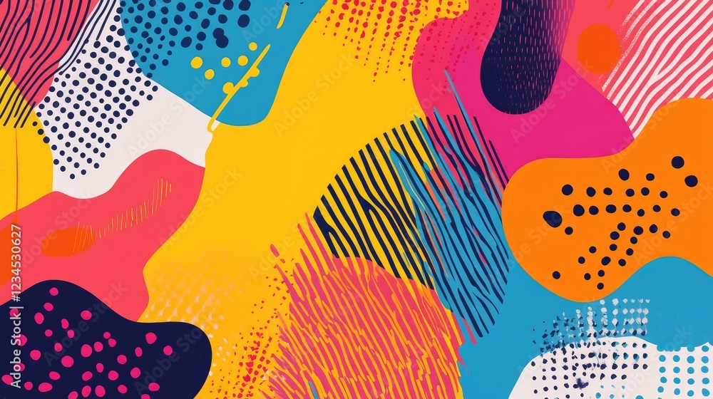 Poster abstract colorful background with vibrant shapes and patterns featuring curved lines, dots, and stri