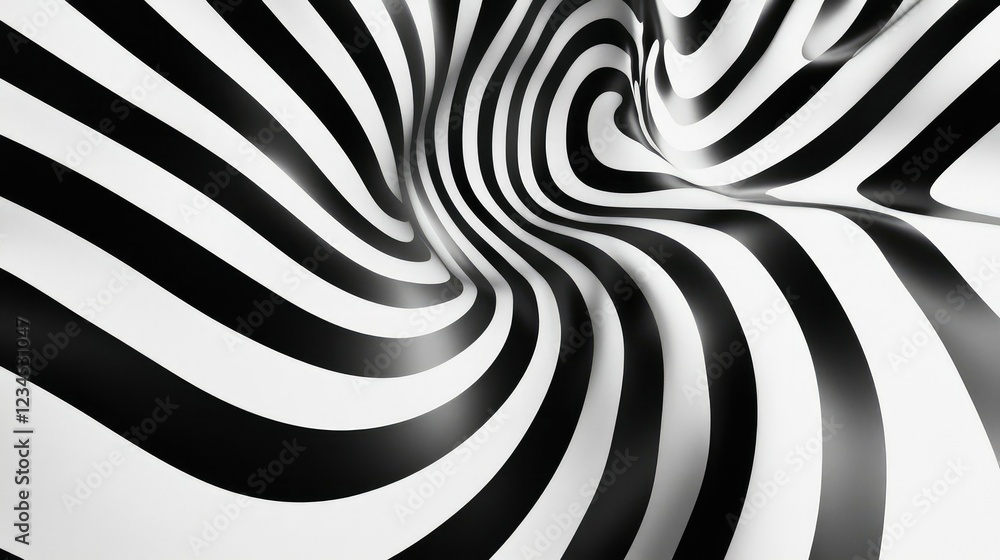 Poster abstract black and white stripes creating a spiral illusion in a smooth flowing shape with dynamic c