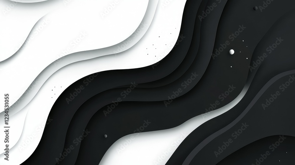 Poster abstract monochrome background with flowing waves of black and white layers, creating a visually str