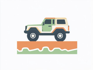 Fototapeta premium A stylized illustration of an off-road vehicle on a pier above water with a simple, colorful design.