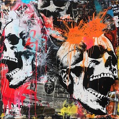 Obraz premium Multiple skull artworks with vibrant colors against a textured background