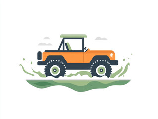 A stylized illustration of an off-road vehicle on a pier above water with a simple, colorful design.