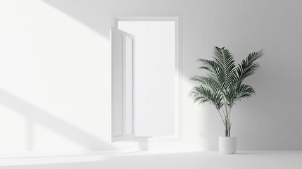 Minimalist Interior Design: A Serene White Room with Sunlight and a Palm Plant