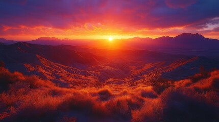 A breathtaking mountain landscape lights up with dramatic reds and purples as the sun sets, painting the sky with a fiery glow.