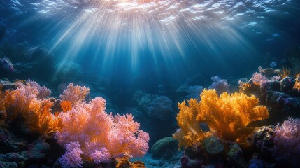 A vast underwater scene in the deep ocean, with sunlight penetrating the water and casting soft beams onto coral reefs.
