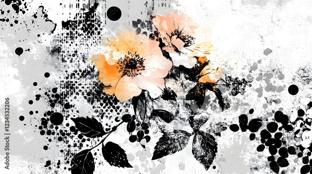 Aufkleber abstract background with grunge textured paint splashes blots and dynamic brush strokes in a monochr
