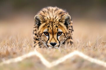 Obraz premium Cheetah Hidden Low In Dry Grassland Stalking Prey