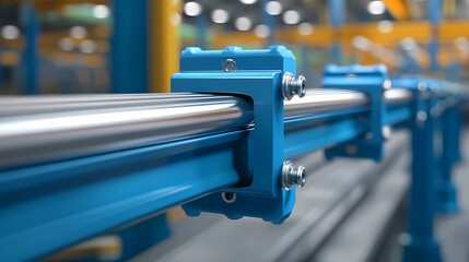 A close-up view of a metal rail system with blue brackets, showcasing industrial design and precision engineering in a manufacturing environment.