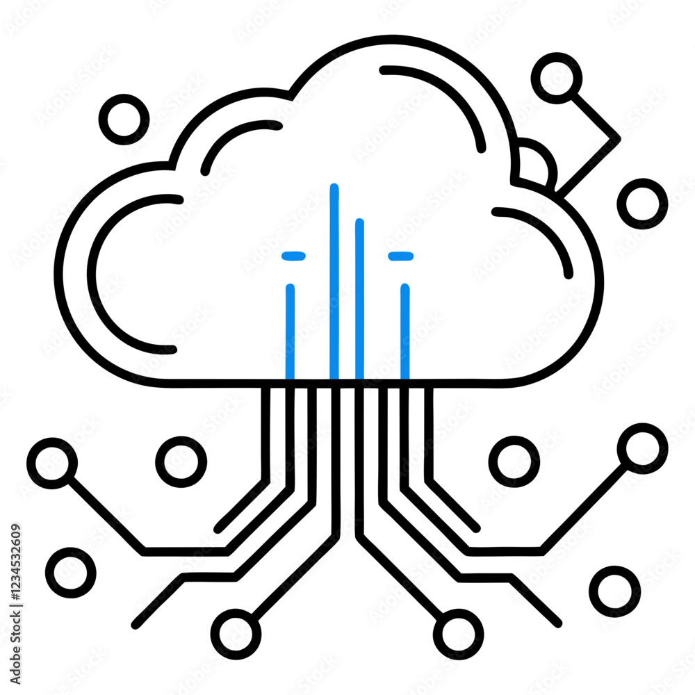 Poster line art icon representing cloud technology and data flow