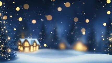 Fototapeta premium Magical winter night scene featuring a cozy cottage surrounded by snowy landscape, dazzling Christmas lights, and softly falling snowflakes creating a festive atmosphere