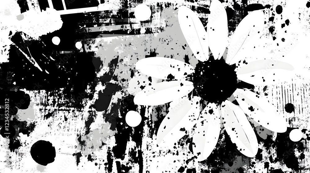 Poster abstract grainy monochrome texture with ink splash and blurred circular and geometric shapes contemp