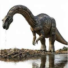 Fototapeta premium Realistic depiction of a massive dinosaur standing near a tranquil waterbody in a lush prehistoric landscape