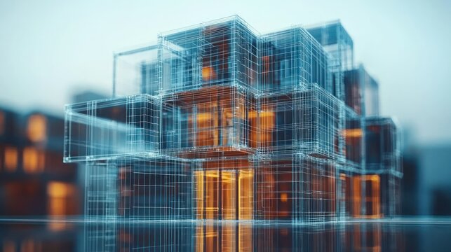 Transparent building model at dusk, city backdrop - Powered by Adobe