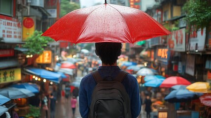 Rainy city street scene with a person holding a bright red umbrella and wearing a backpack