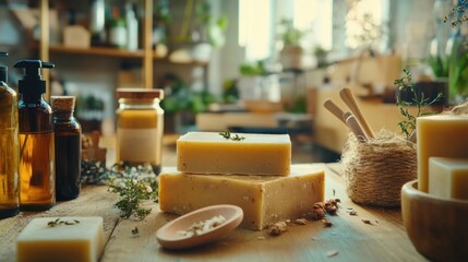 Handmade soap workshop artisan soaps, oils, and herbs displayed on wooden table