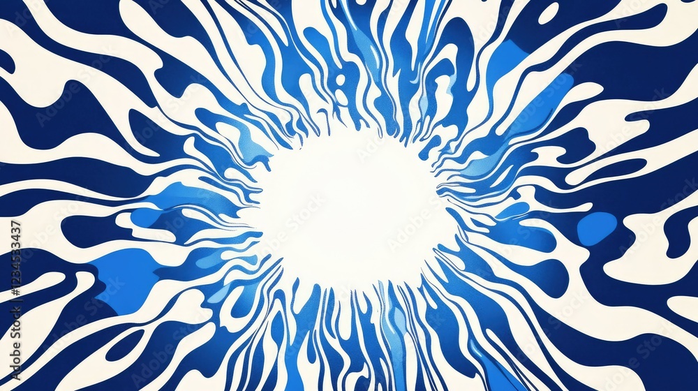 Poster abstract blue and white swirling design with dynamic flowing shapes creating a radiant center in a m