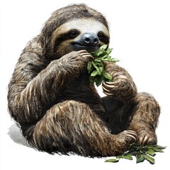 Fototapeta premium Cute sloth enjoying a meal of green leaves with a playful expression showcasing its relaxed nature and unique features