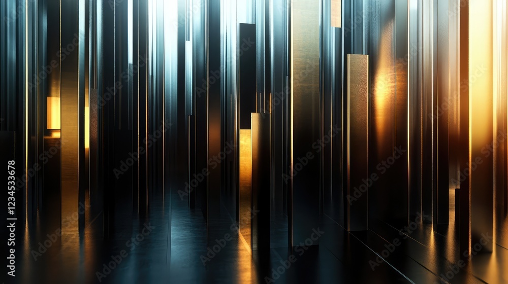 Poster abstract metallic landscape with tall vertical structures reflecting light in a dimly lit environmen