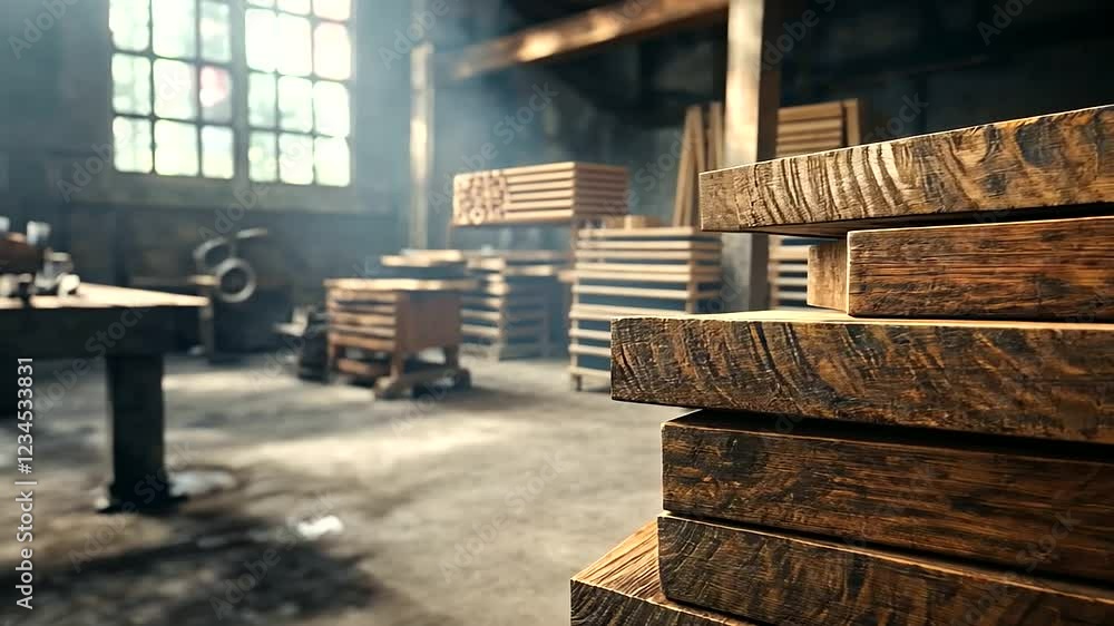 Poster stacks of wooden planks showcasing a variety of natural grain patterns, set in a rustic workshop wit