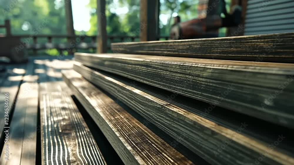 Poster stacks of wooden planks showcasing a variety of natural grain patterns, set in a rustic workshop wit