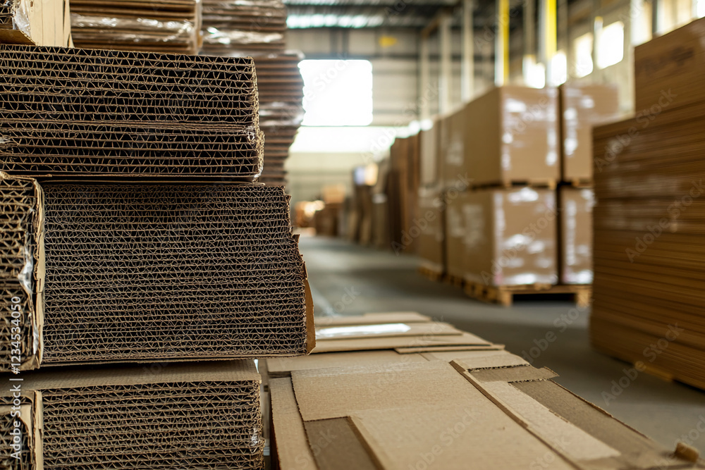 Aufkleber a large stack of stacked corrugated cardboard boxes in a warehouse, showcasing the process of packag