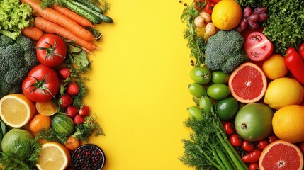 Colorful fresh fruit and vegetable display on yellow background