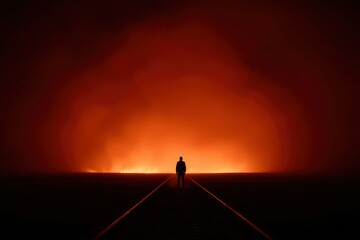Fototapeta premium Lone Figure Stands on Train Tracks Facing Fiery Horizon